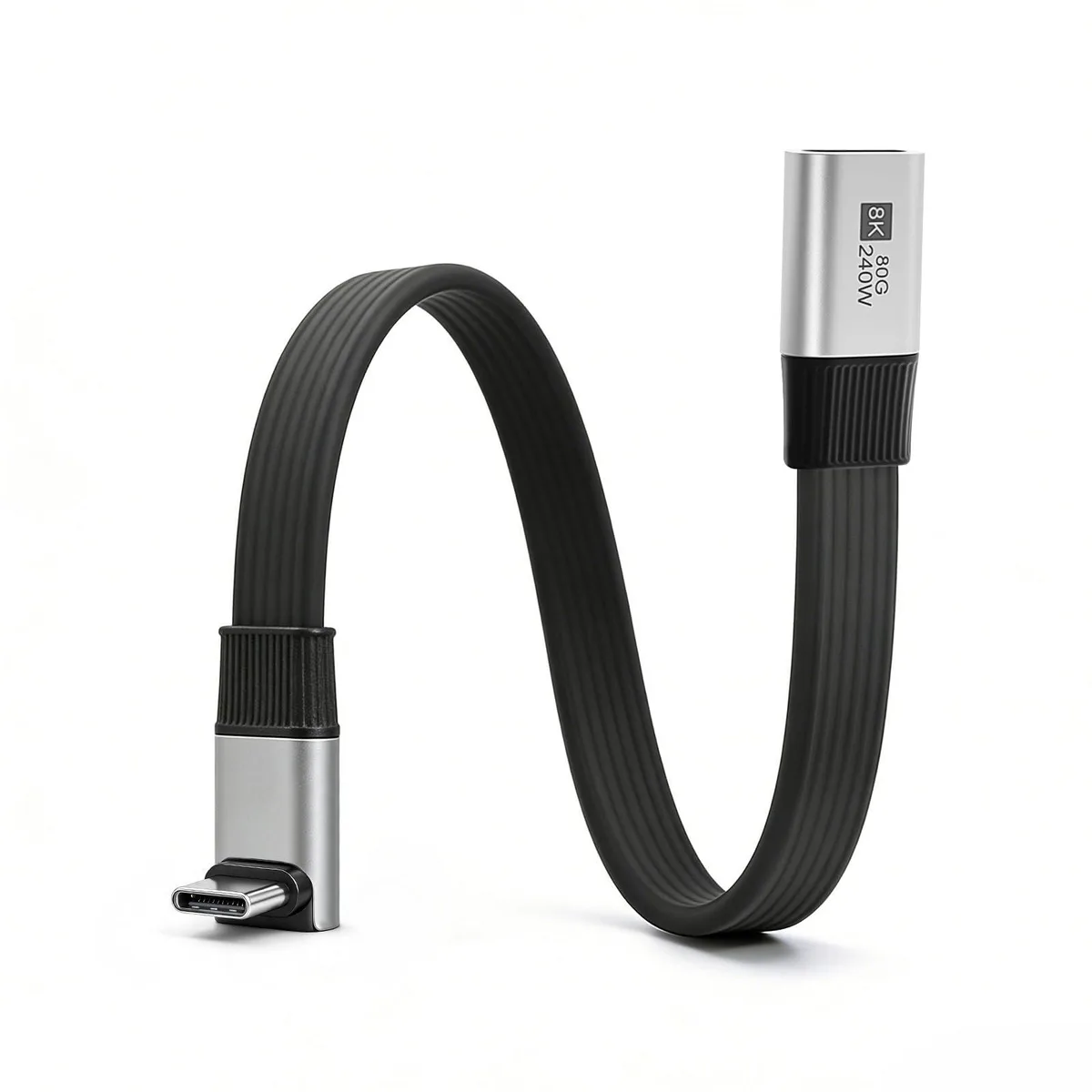 Short flat grey USB-C male-to-female right-angle extension cable 7.87in