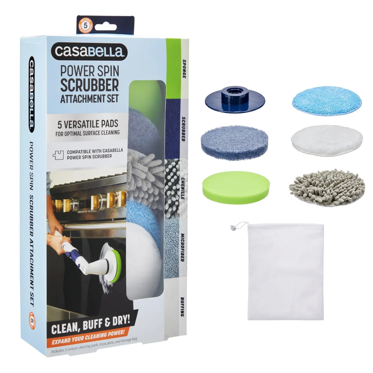 White cleaning attachment set with six pieces including pads, base plate and mesh storage bag