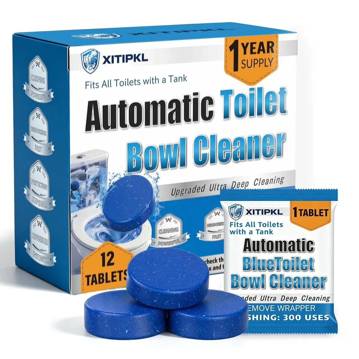 Blue toilet tank cleaning tablets in a pack of twelve