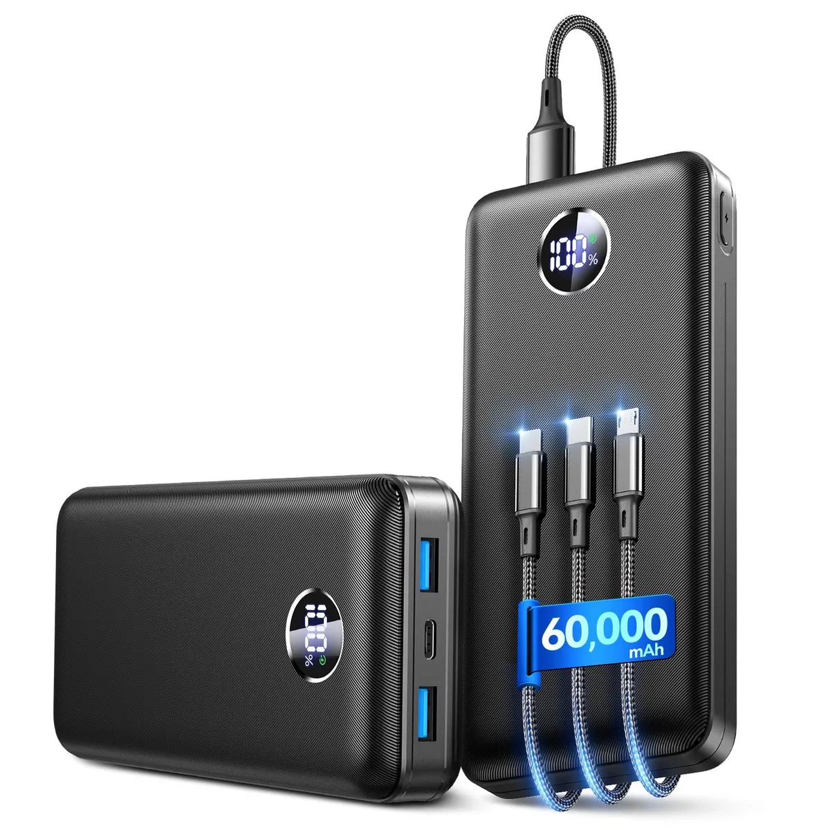 Rectangular carbon-finish power bank with integrated 3-in-1 cable and digital display