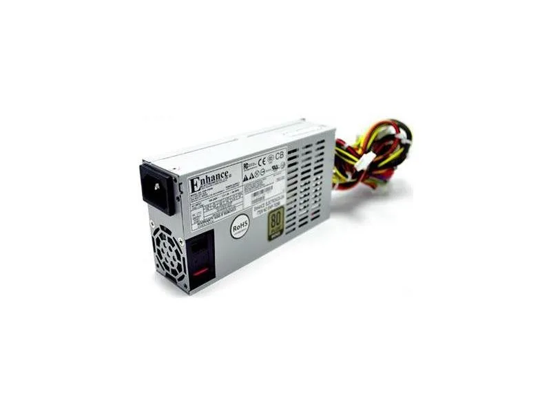Silver rectangular 1U power supply unit with rear fan grille and IEC socket