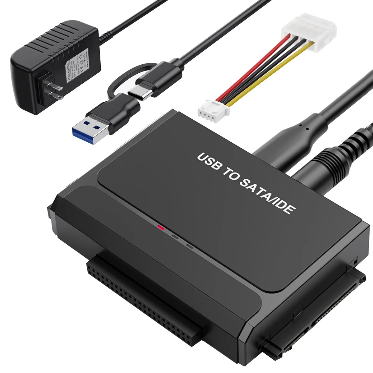 Black USB 3.0 and Type-C hard drive adapter with matte finish and 12V power adapter