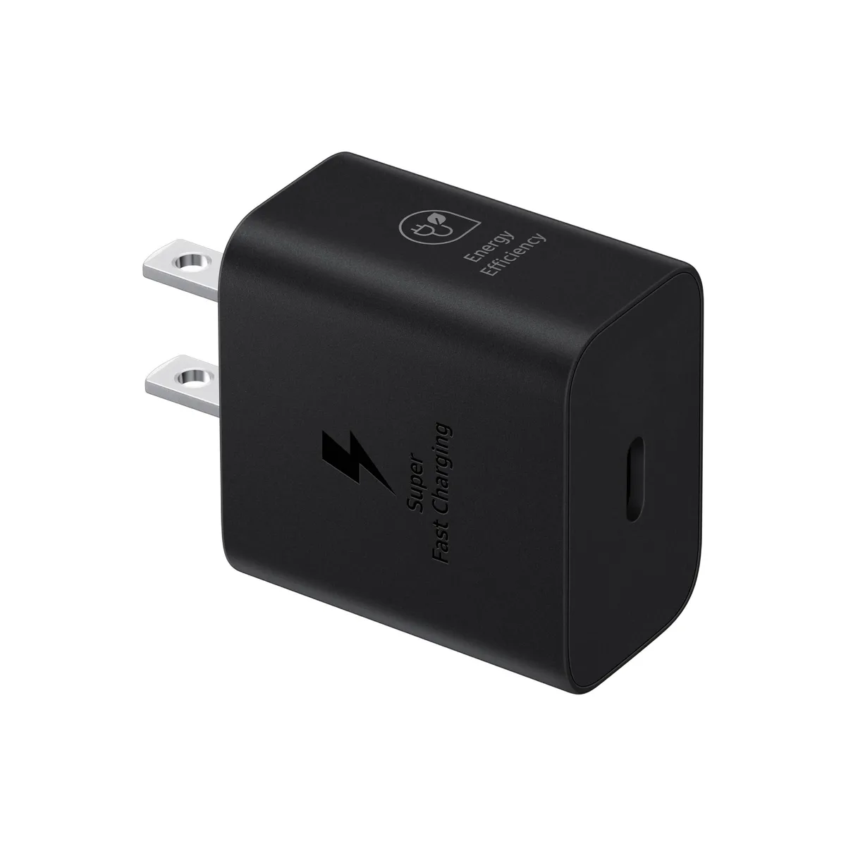 Black rectangular wall charger with foldable prongs and single USB-C port