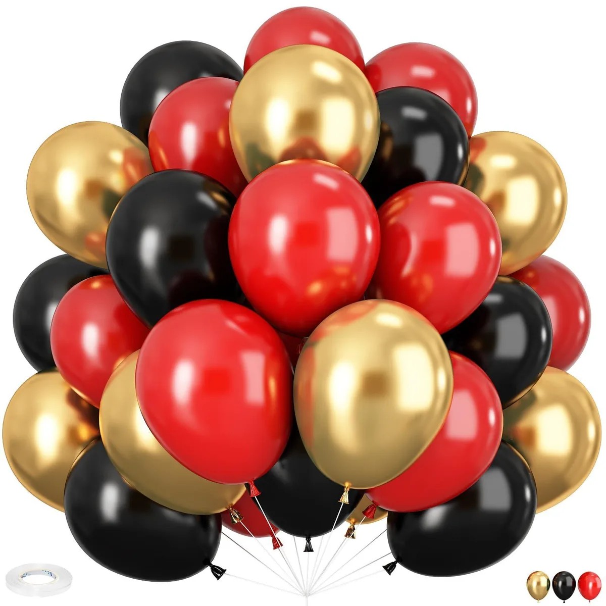 Pack of 60 twelve-inch red black and gold latex balloons with 10m ribbon
