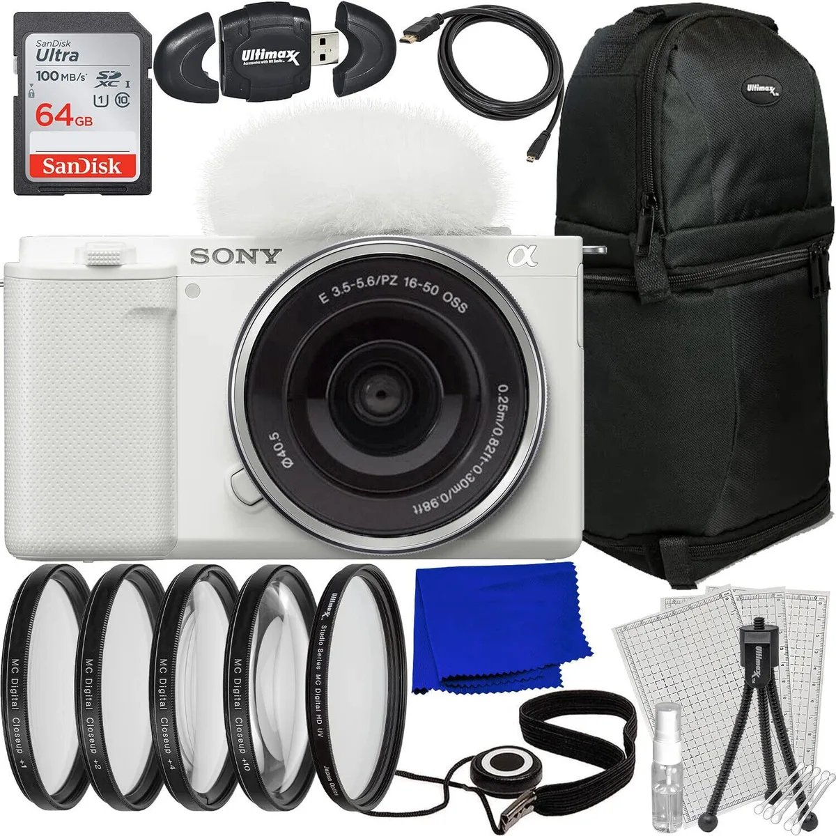 Sony Sony ZV-E10 24.2MP APS-C Compact Mirrorless Camera with 16-50mm Lens White 10PC Accessory Bundle — product photo