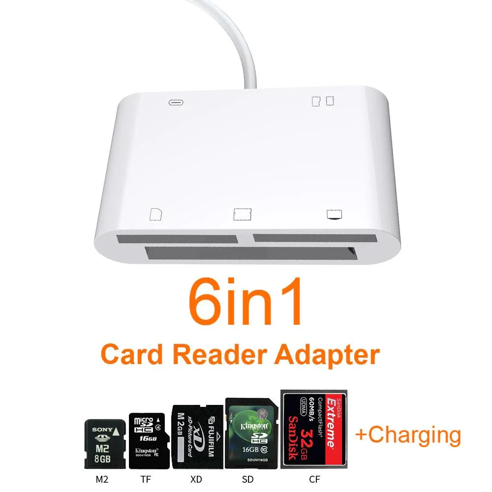 Compact white adapter with Lightning plug and multiple card slots