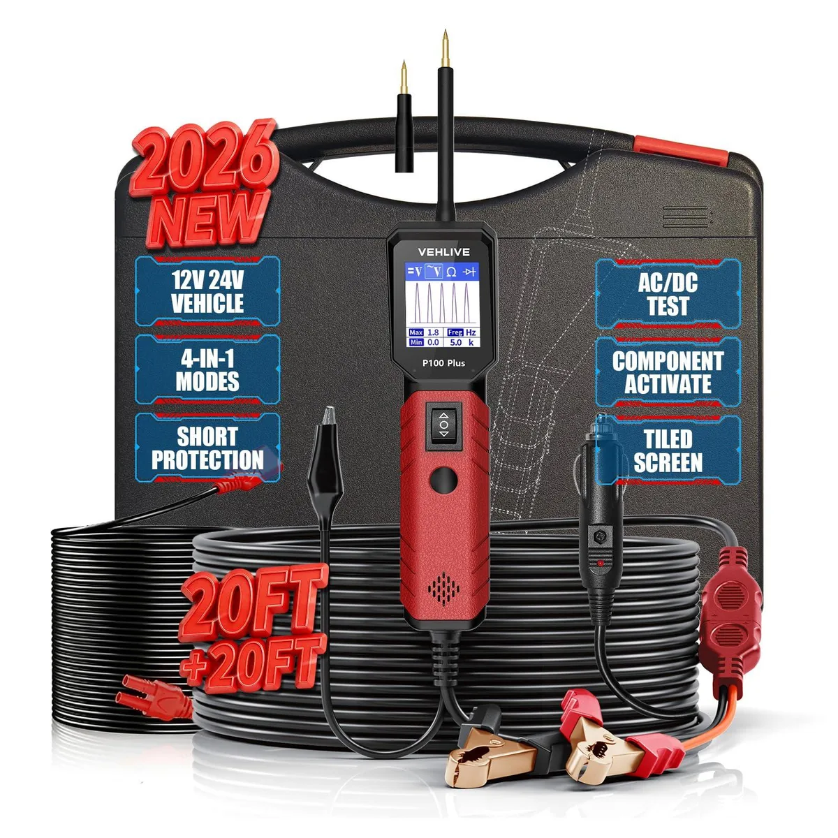  VEHILIVE P100 Plus Circuit Tester 12V 24V 40FT Cable 15° Angled Screen — product photo