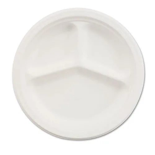 Stack of white round paper plates with three compartments, 9.25 inch diameter