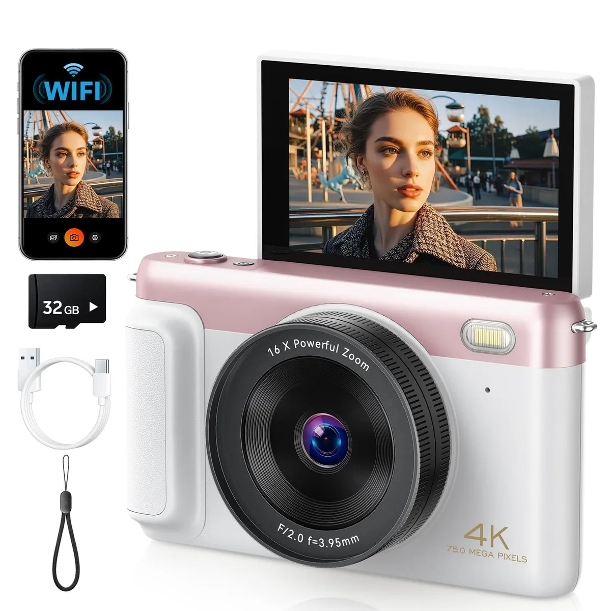  Polaroid PIXPRO FD-CX8 75MP 4K 30FPS 3" 180° Flip WiFi Pink — product photo