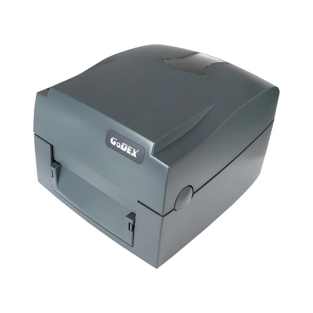 Compact grey box label printer with front feed slot