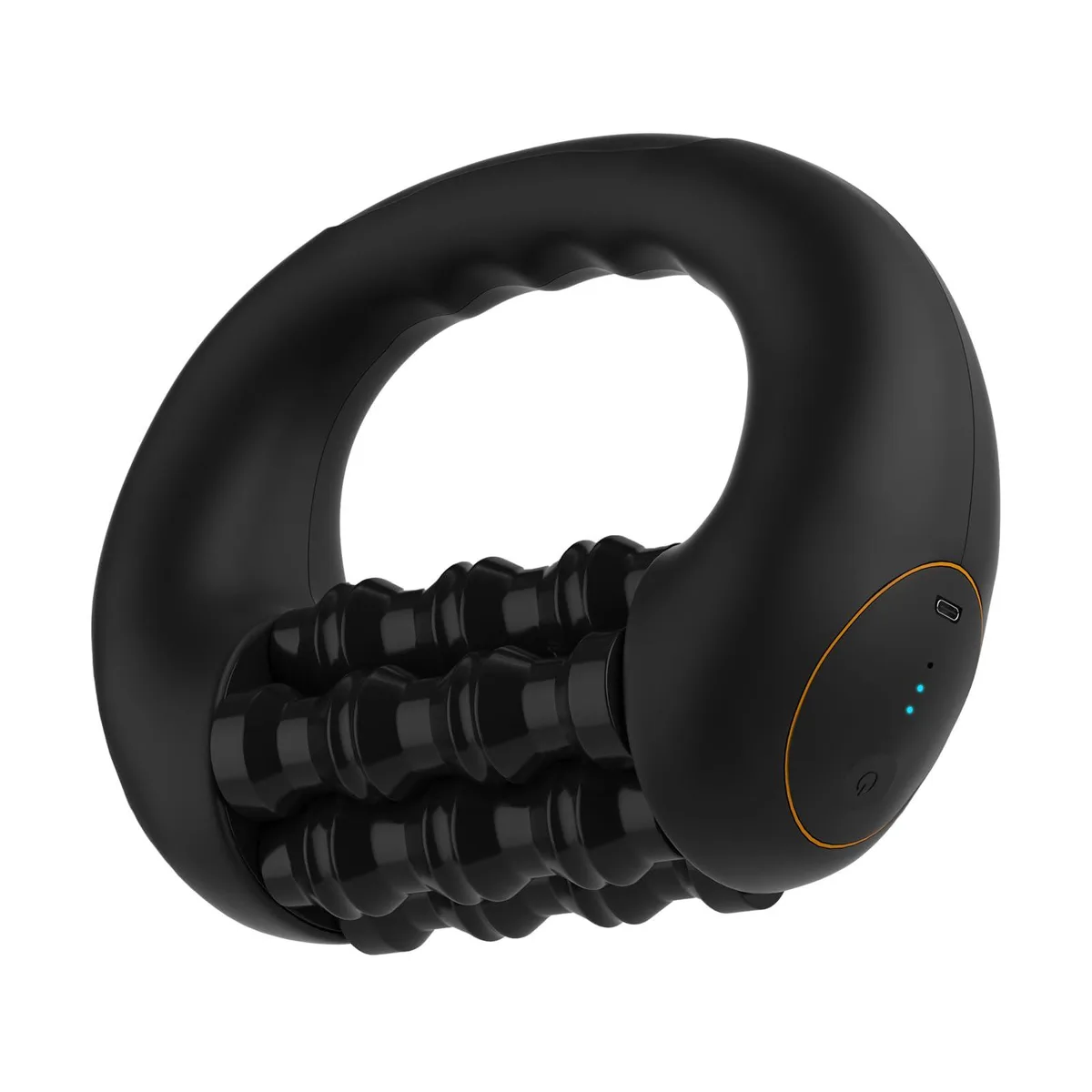 Black handheld rolling massager with textured roller head and speed controls