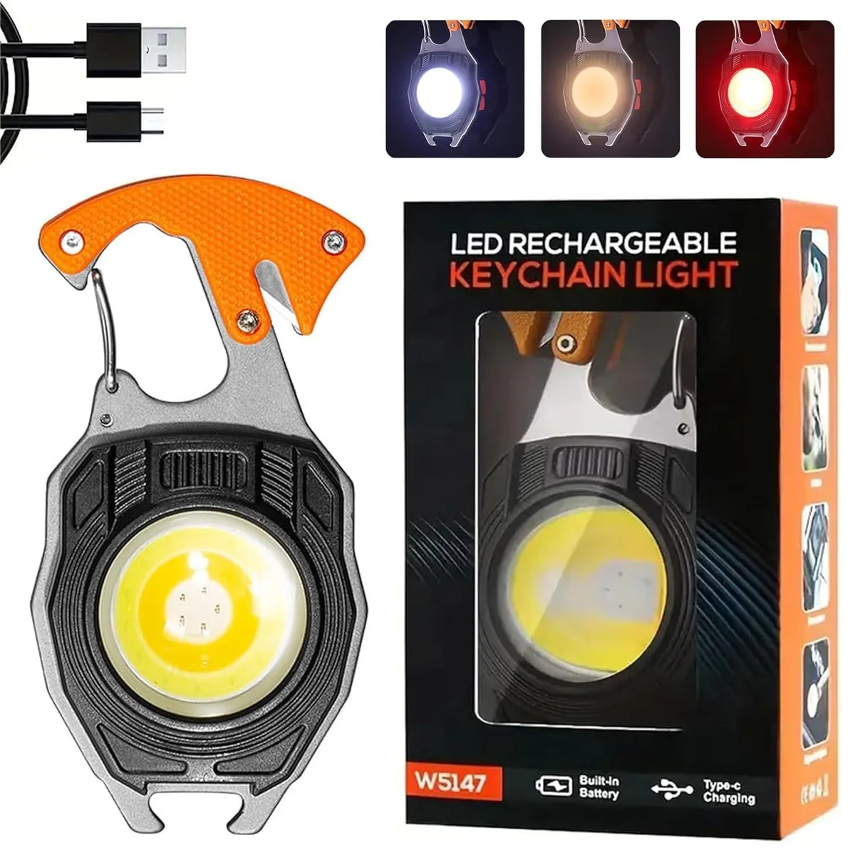 Orange rectangular COB keychain light with folding stand, magnet, carabiner, bottle opener and whistle