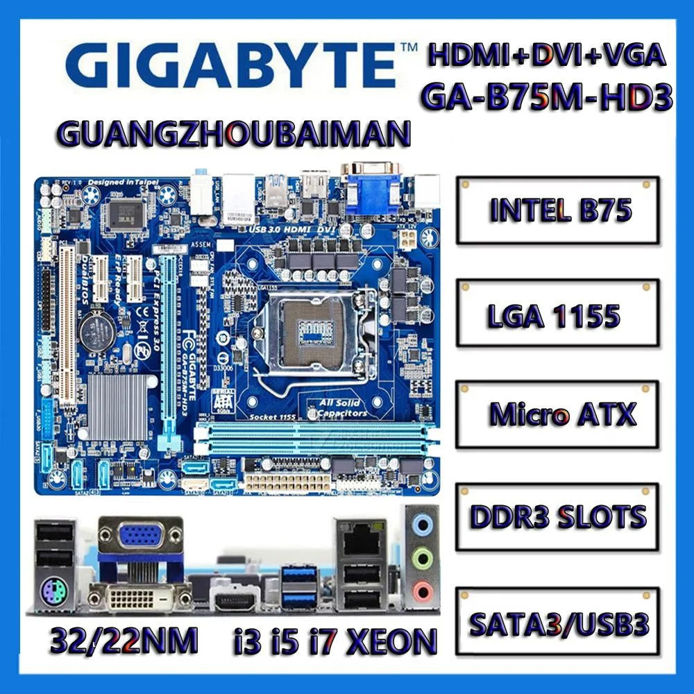 GIGABYTE GIGABYTE GA-B75M-HD3 LGA 1155 Intel B75 Micro ATX Motherboard — product photo