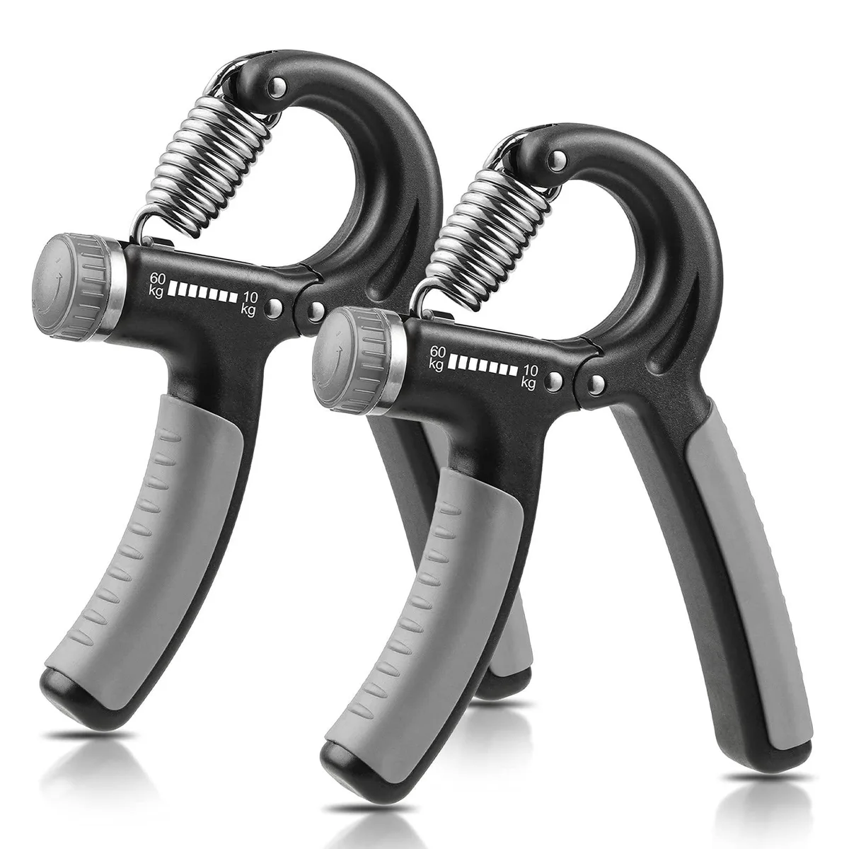 Pair of grey adjustable hand grippers with textured handles and metal spring coils