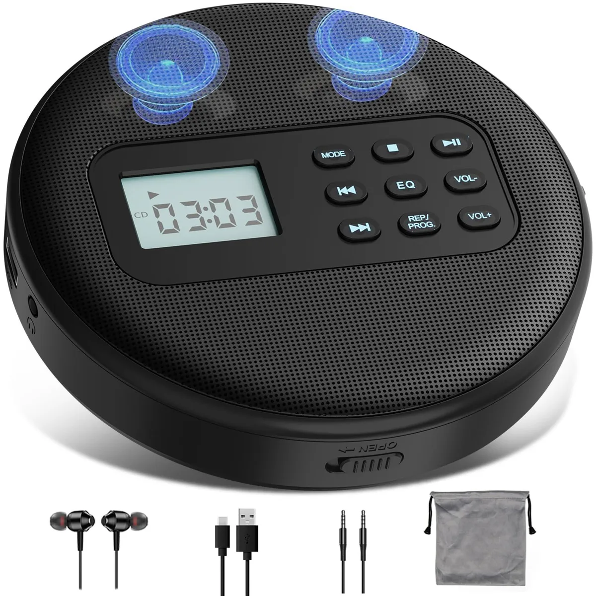  KUEPHOM Portable CD Player Black 5.7 in 3.5mm Jack .522 kg — product photo