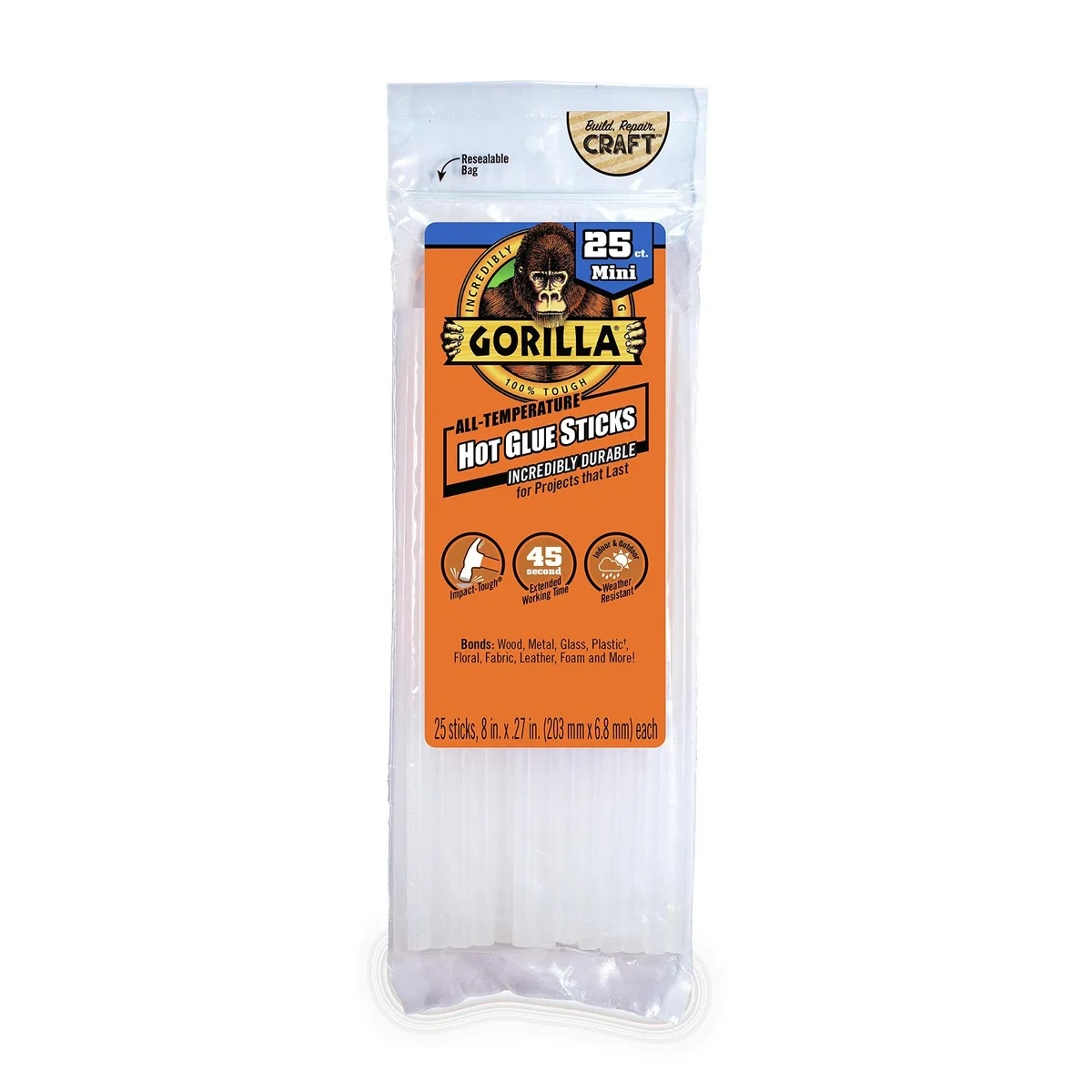  Gorilla 100348 Mini Hot Glue Sticks Clear 25 Count 8" x 0.27 — product photo