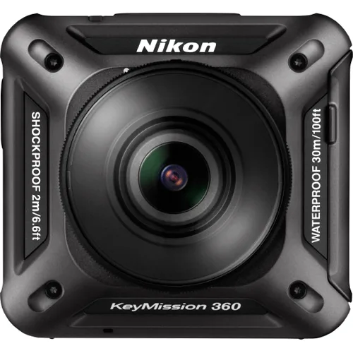 Compact square waterproof action camera with dual front lenses, matte black finish