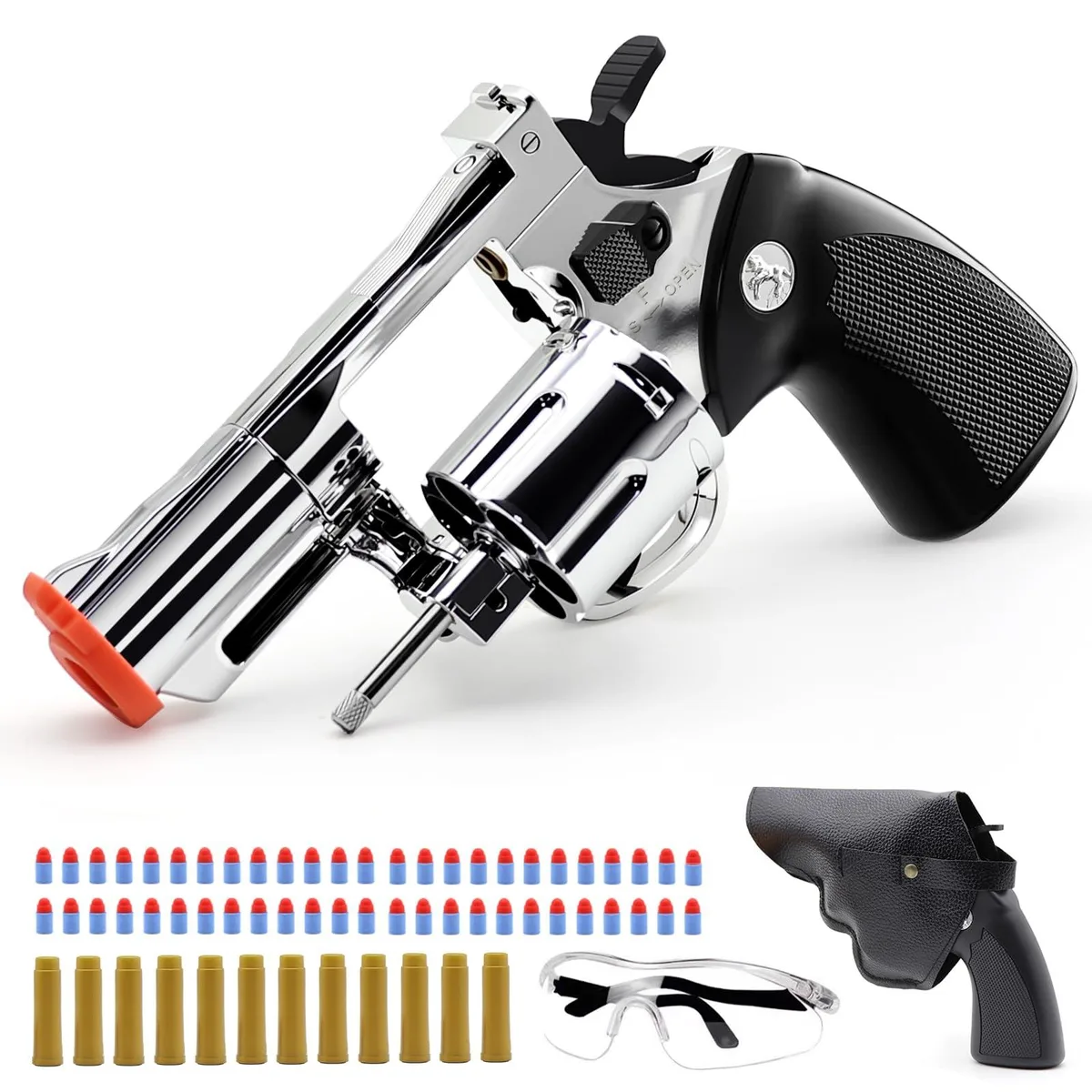 Toy Revolver Gun with Holster — 12 shells, 50 soft bullets, goggles, age 14+ — product photo