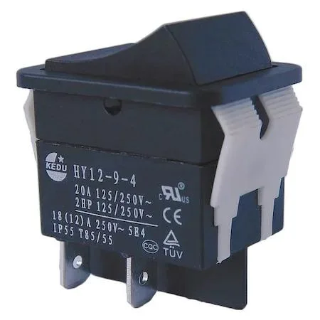 Black rectangular rocker switch with four quick-connect tabs