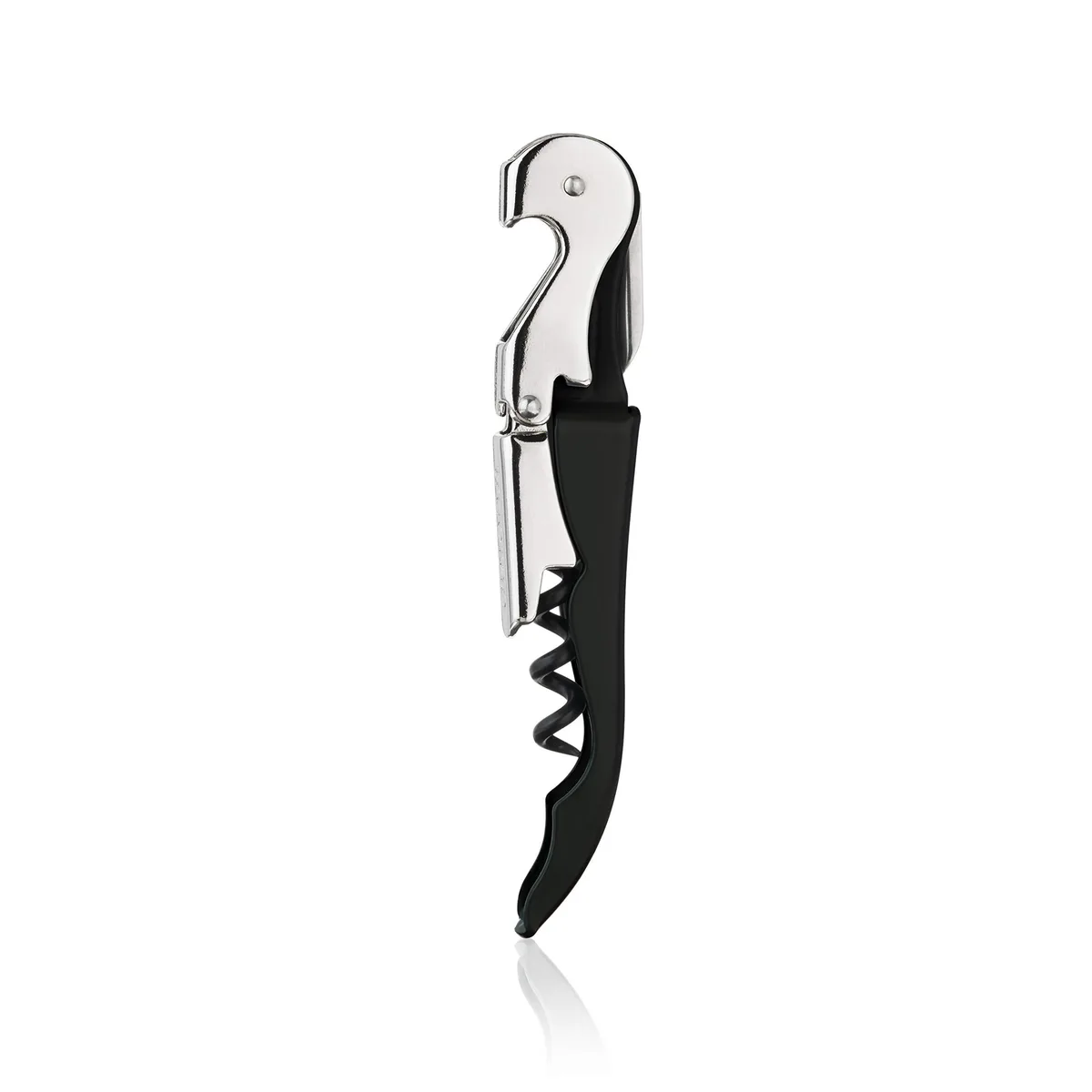 Black double-hinged waiter's corkscrew with foil cutter and bottle opener