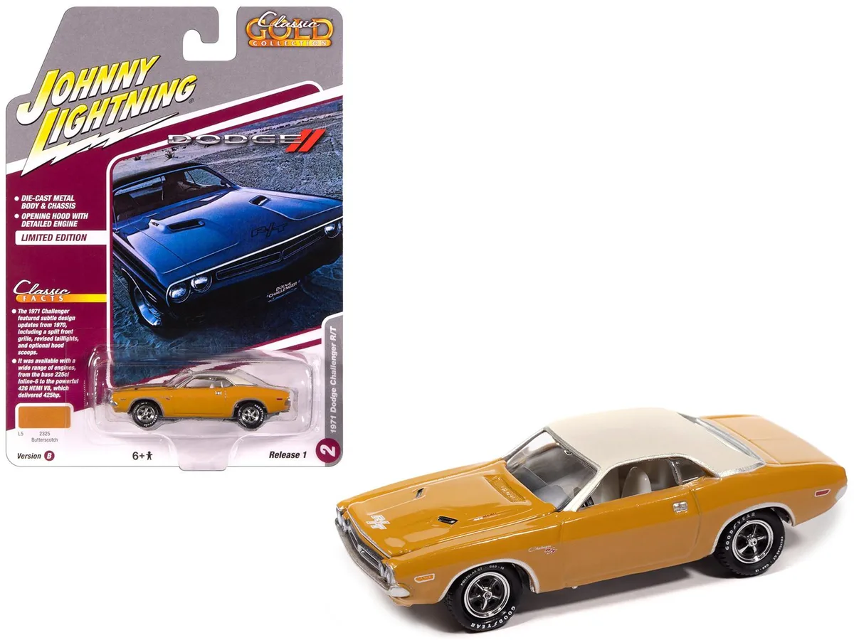 JOHNNY LIGHTNING JOHNNY LIGHTNING 1971 Dodge Challenger R/T Butterscotch White Top 1/64 Diecast hobby collectible — product photo