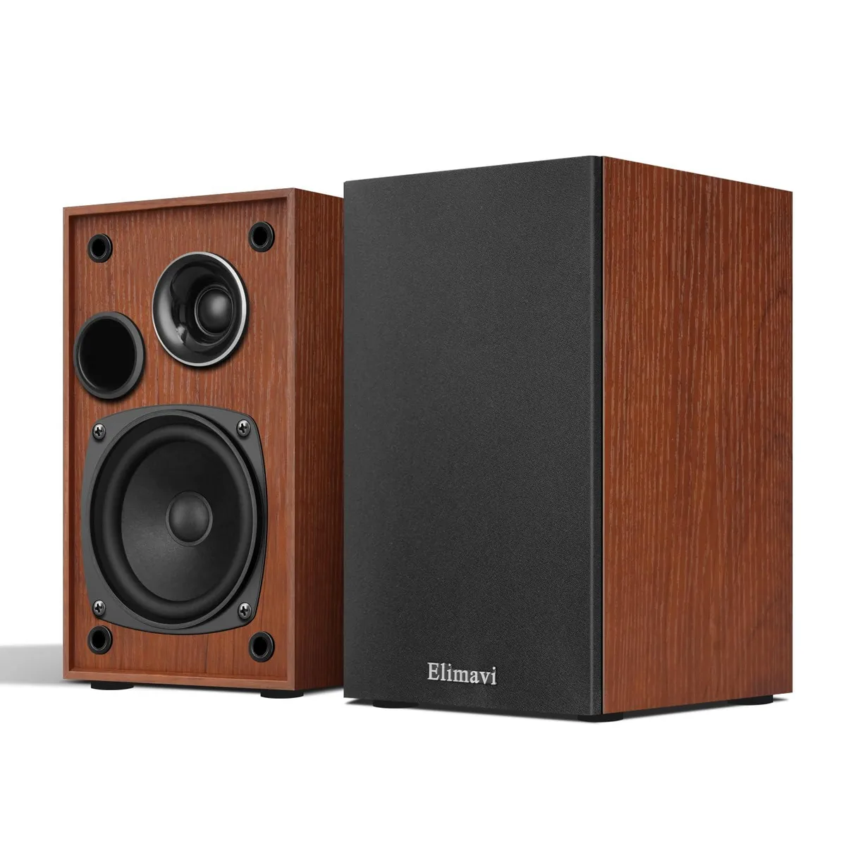 Brown wood-grain bookshelf speaker with 6.5 inch driver and silk horn tweeter