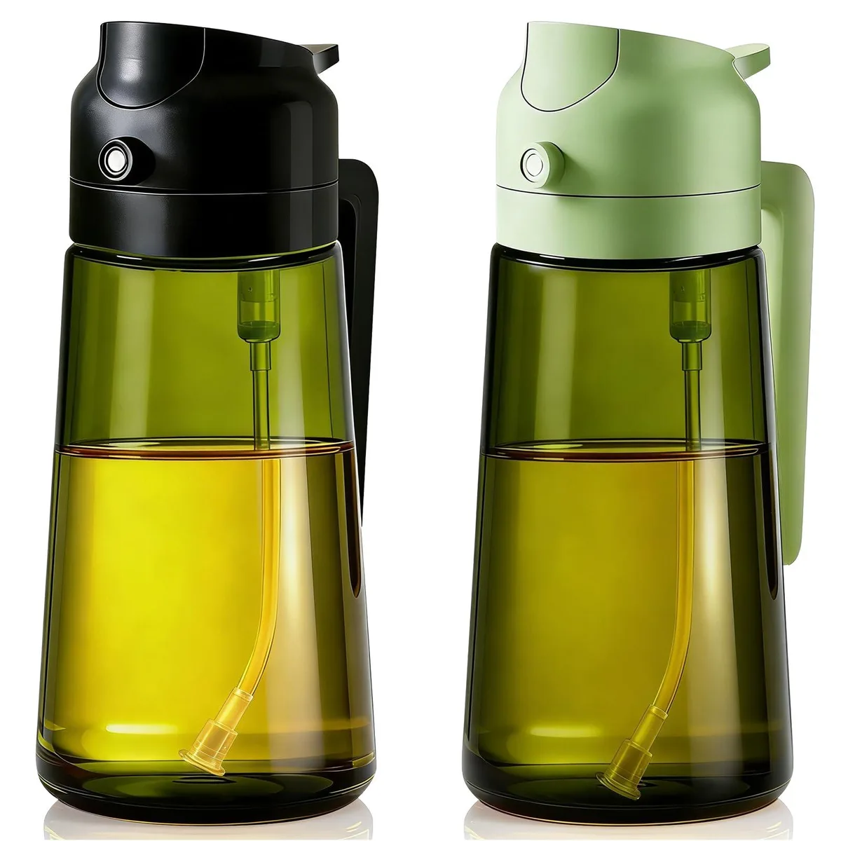 Two clear glass oil sprayers with front nozzles and rear handles, 470 ml each