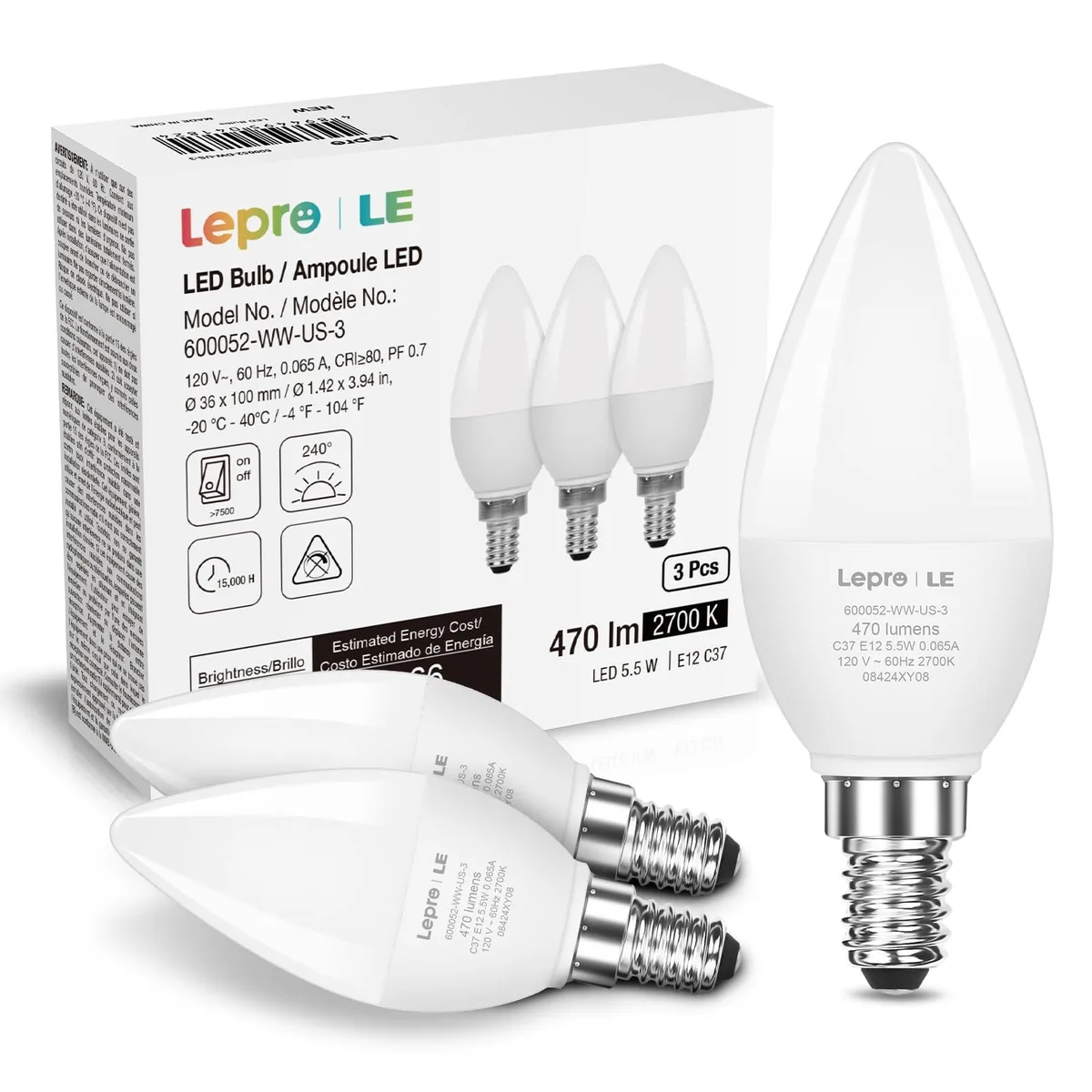 E12 LED Candelabra Bulb 5.5W 470lm 2700K 3-Pack — product photo