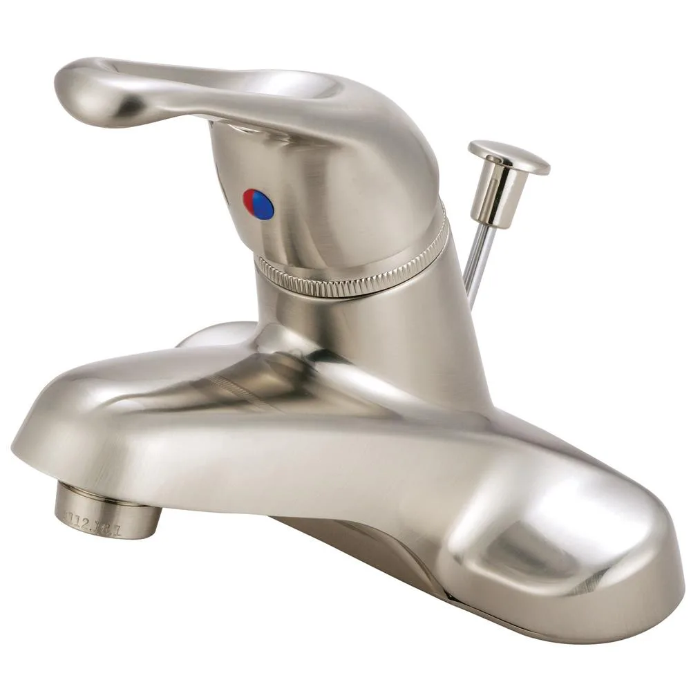 Satin nickel single-loop handle centreset bath faucet with brass body and plastic pop-up