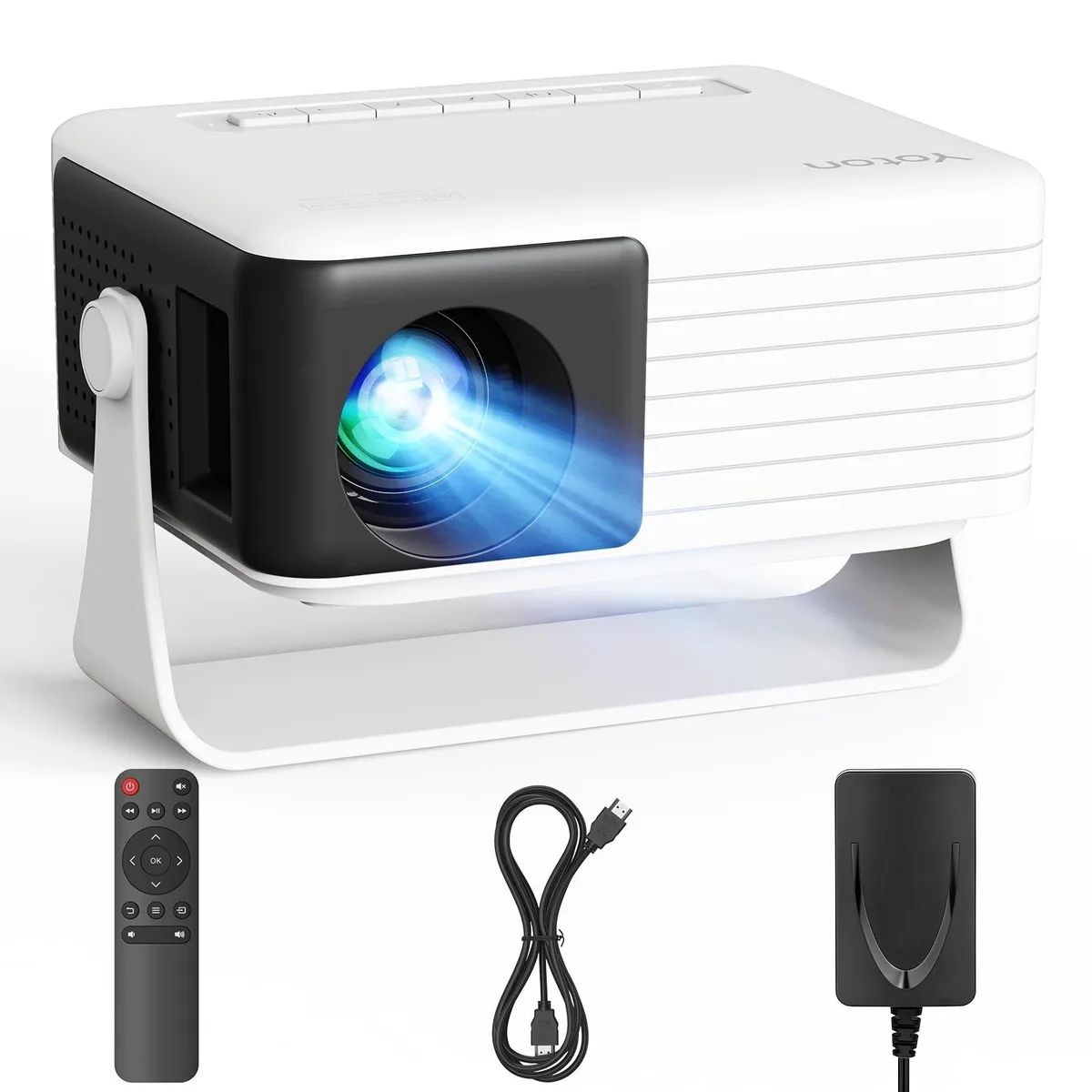 White compact DLP projector with rotating stand, 5.11 by 4.13 by 1.96 inches