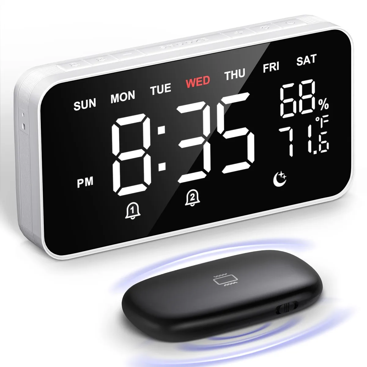 White rectangular digital clock with large display and wireless bed shaker