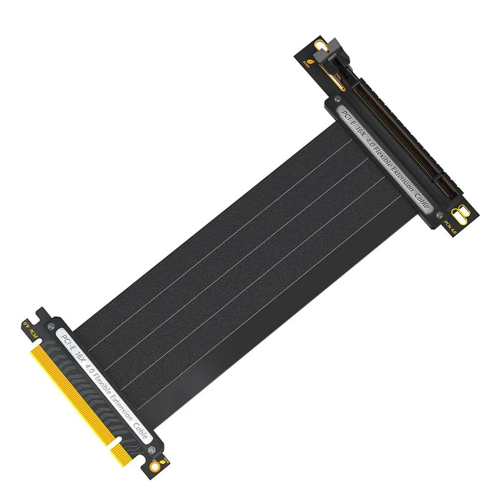 Black PCIe 4.0 16x GPU riser cable with shielded flat ribbon and gold connectors