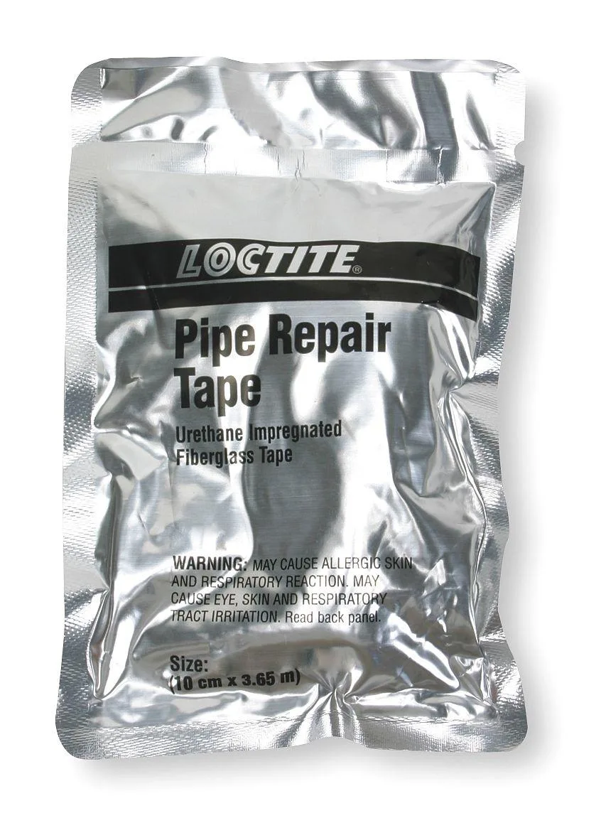 Yellow Loctite pipe repair wrap kit roll with epoxy stick and gloves