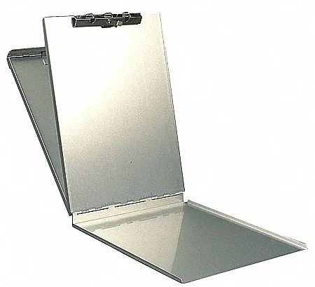 Silver aluminium storage clipboard with top opening and self-locking latch