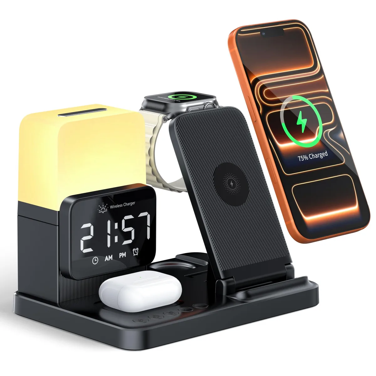 White rectangular charging stand with phone cradle watch puck earbud pad digital clock display and night light strip