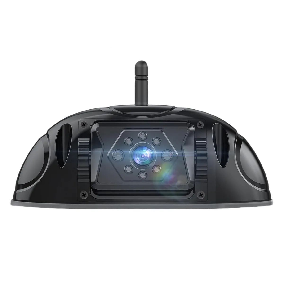Small rectangular backup camera with dark matte finish and front lens, pre-wired for Furrion mount