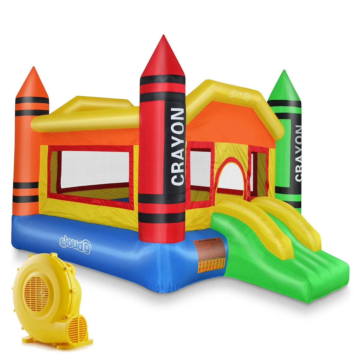 Colorful inflatable crayon bounce house with slide and blower