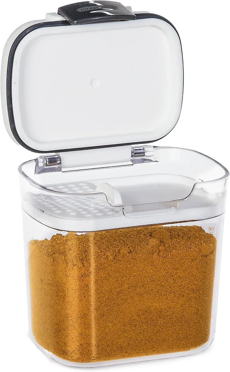 Small red rectangular plastic container with flip-top lid and latch