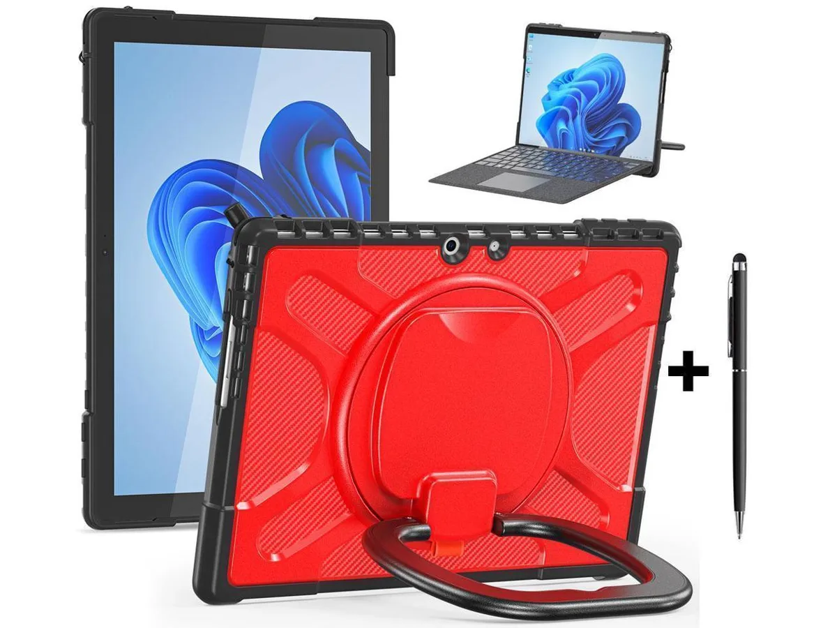 Red rugged protective case for 13 inch Surface Pro 11 10 9 with rotating handle stand