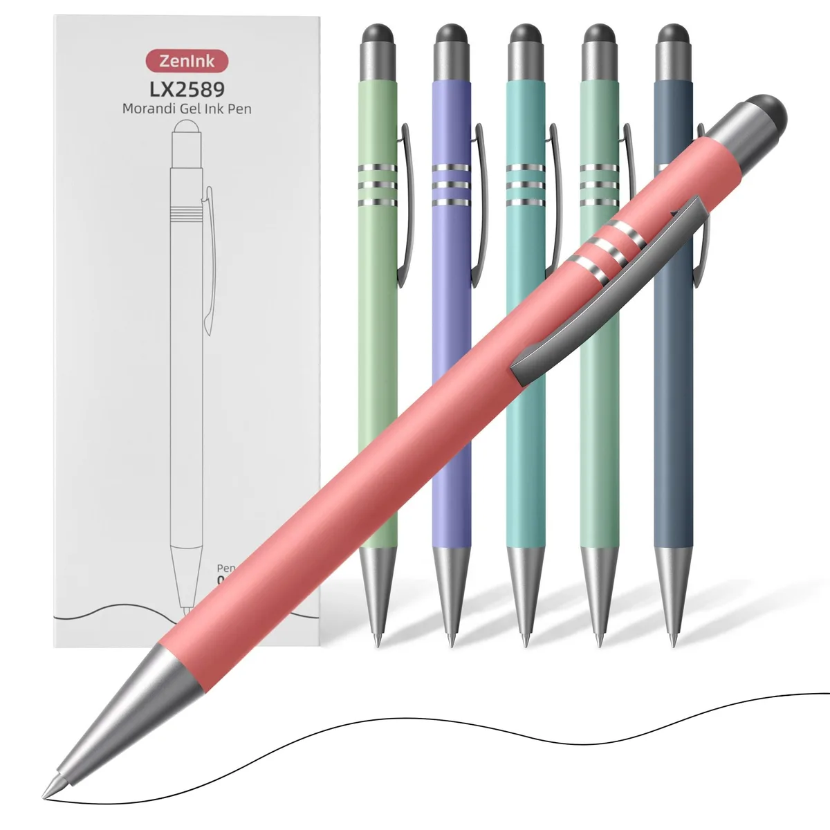 Six matte Morandi-colour gel pens with stylus tips in a gift box