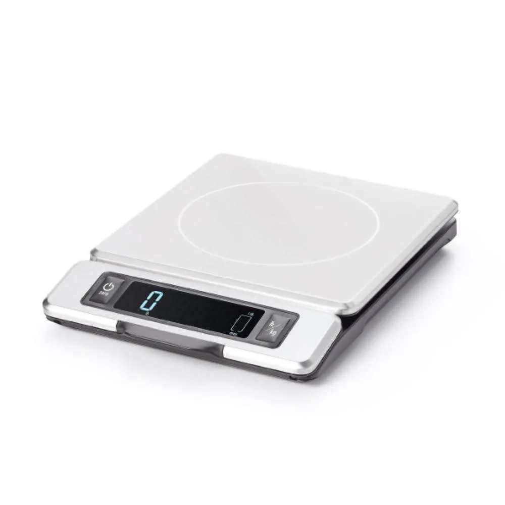 Stainless steel digital kitchen scale with pull-out display and removable platform