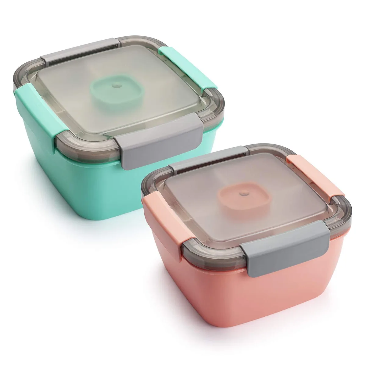 Two pink and green 52 oz salad lunch containers with snap-lock lids and built-in sauce cups