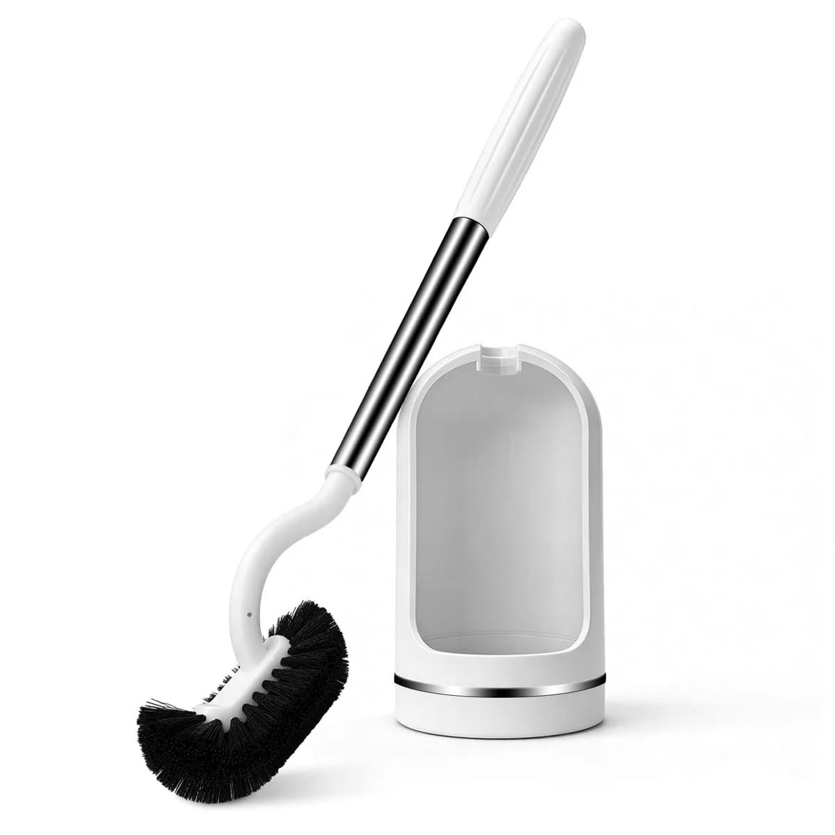 White toilet brush with curved head in matching ventilated holder