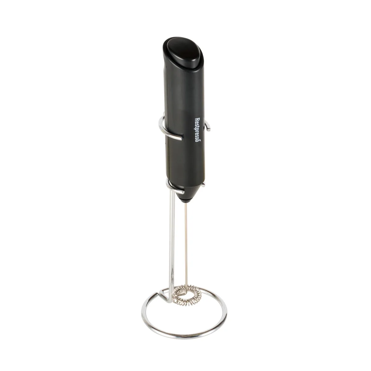 Black battery-operated handheld milk frother with stainless steel whisk and stand, 8.5 inches tall
