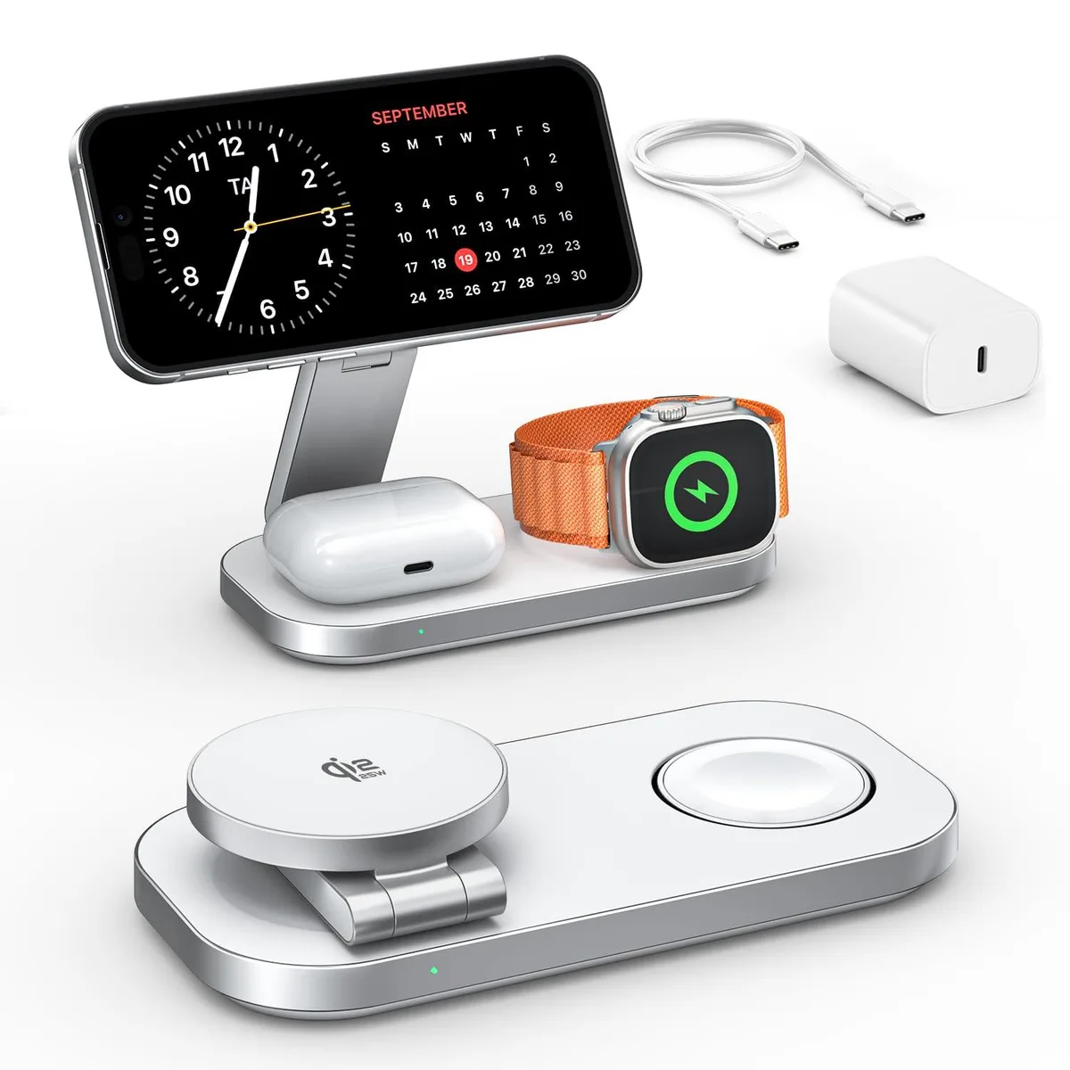  KEEPRO YMT8 White+Silver 3-in-1 Qi2 25W Charging Station — product photo