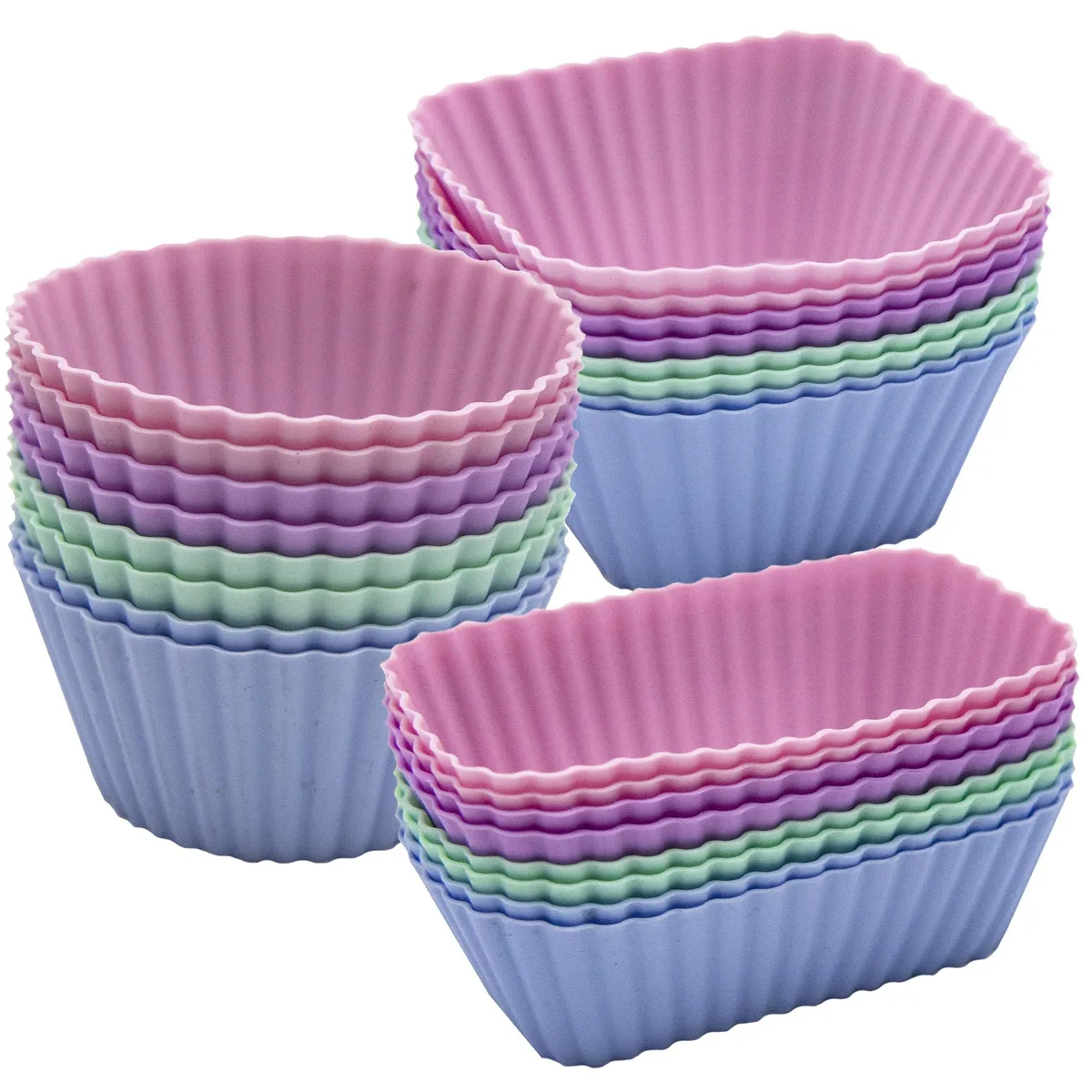 Set of twenty-four colourful silicone cupcake liners in rectangular square and round shapes