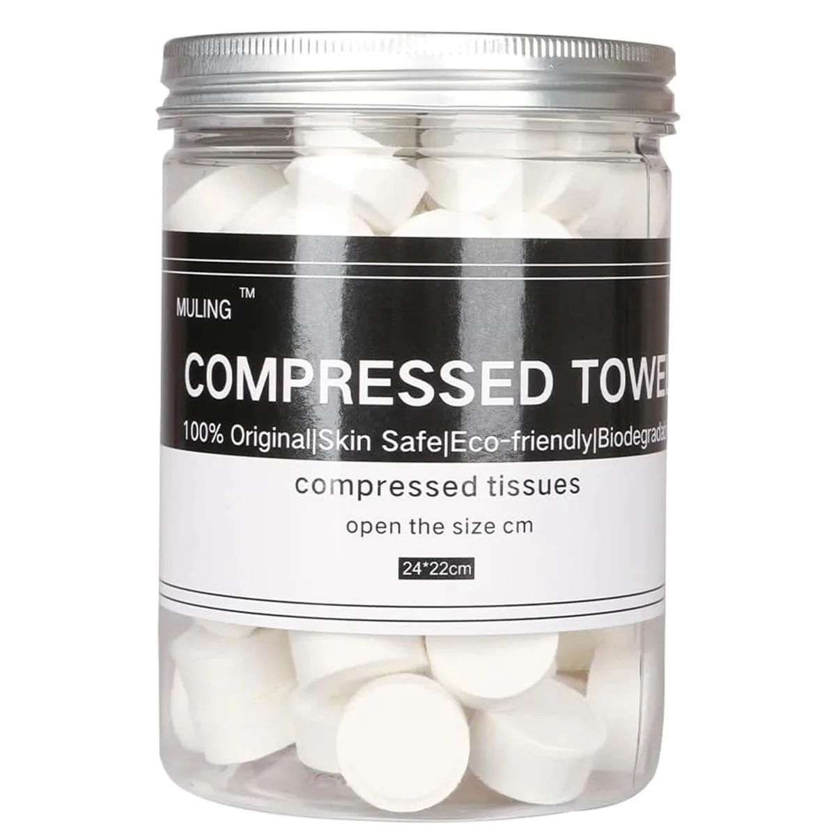 Cylindrical metal can holding 100 compressed cotton coin towels