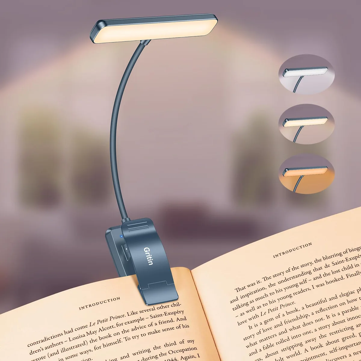 Pacific blue clip-on book light with horizontal 19-LED head and flexible gooseneck