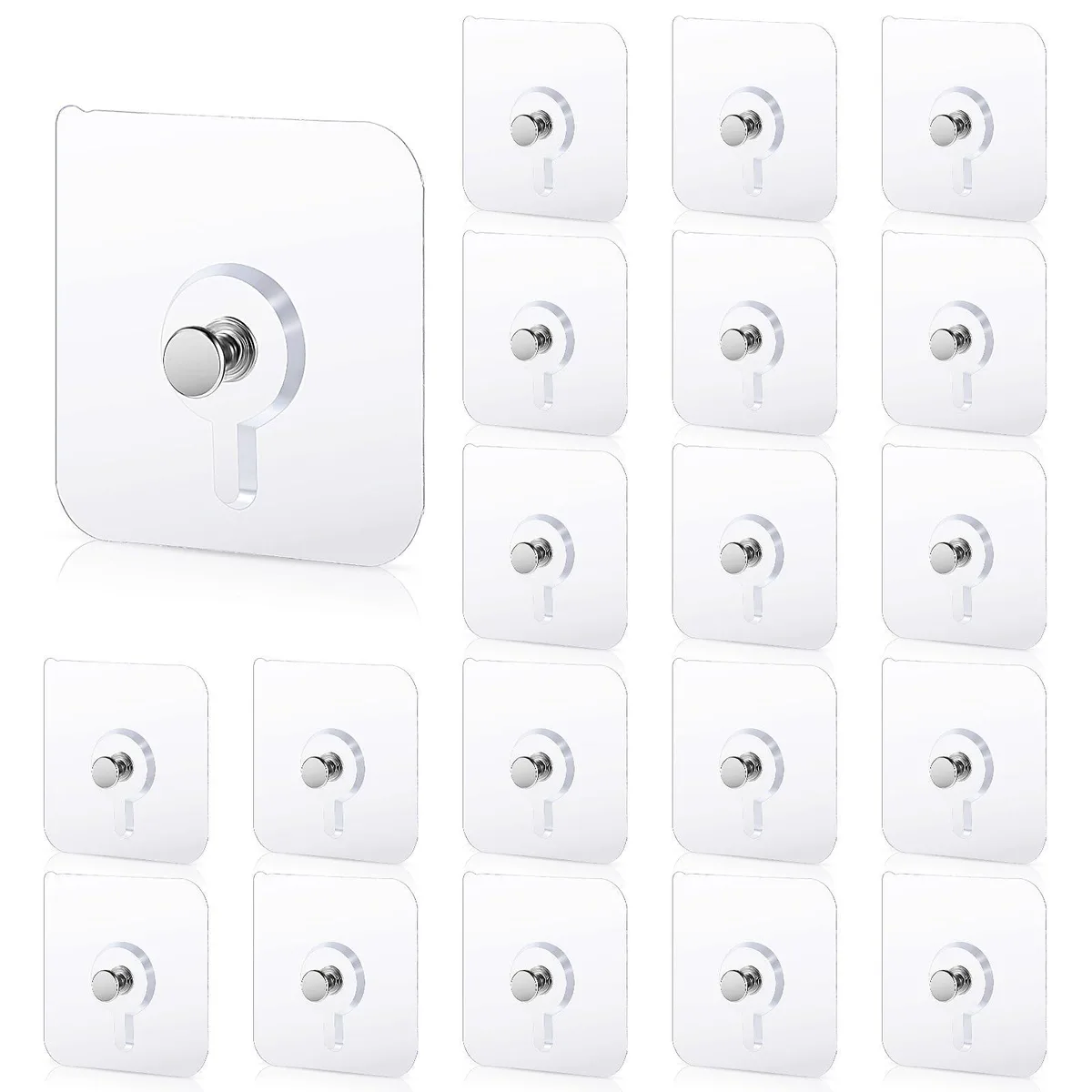 Twenty transparent adhesive hooks on a backing sheet, stainless steel fronts with clear plastic bases