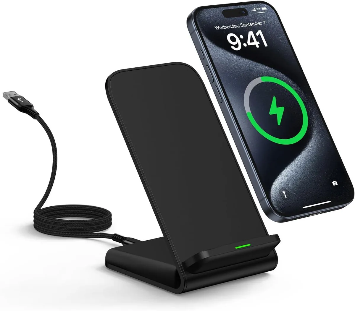 White upright wireless charging stand with phone resting in angled cradle